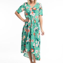 DRESS WITH V NECK SHORT SLEEVES - GREEN