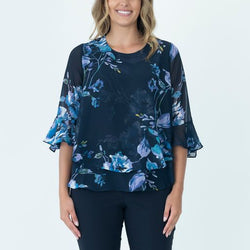 CHIFFON LAYER TOP 3/4 SLV - NAVY