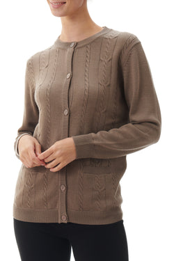 CABLE FRONT WOOL BLEND CARDIGAN - WOOD