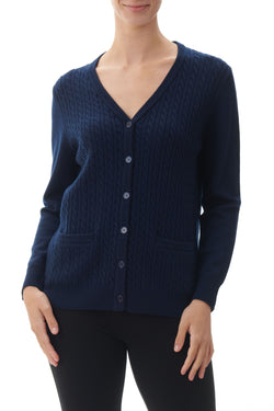 V NECK CABLE CARDIGAN  - NAVY
