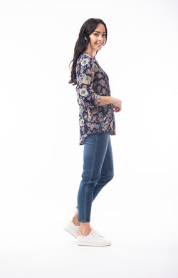 PLEATED BUTTON THROUGH TOP - NAVY/FLORAL