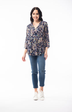 PLEATED BUTTON THROUGH TOP - NAVY/FLORAL