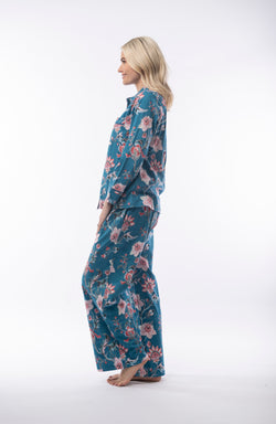 COTTON PYJAMAS WITH COLLAR - TEAL