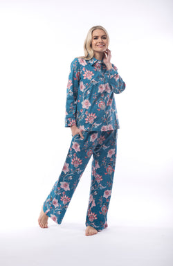 COTTON PYJAMAS WITH COLLAR - TEAL