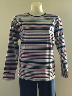 STRIPE ROUND NECK TOP  - NAVY PINK