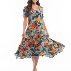 PRAGUE SH/SLV GODET DRESS - PRINT