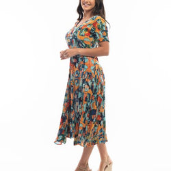 PRAGUE SH/SLV GODET DRESS - PRINT