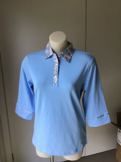 3/4 SLV POLO WITH PRINT COLLAR - SKY