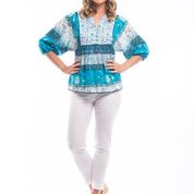 3/4 SLEEVE BOHO TOP  - AQUA FLORAL