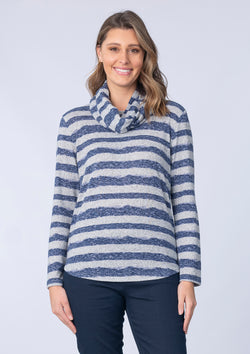 ROUND HEM TOP WITH SNOOD  - NAVY STRIPE