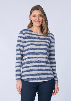 ROUND HEM TOP WITH SNOOD  - NAVY STRIPE