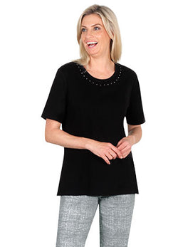 POLY COTTON JERSEY A LINE T SHIRT - BLACK