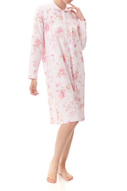 100% COTTON INTERLOCK NIGHTIE WITH COLLAR - PINK FLORAL