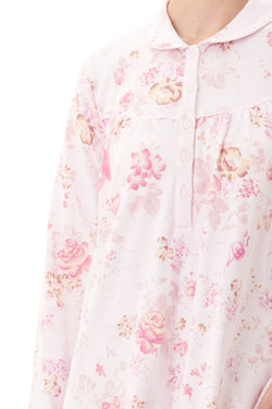 100% COTTON INTERLOCK NIGHTIE WITH COLLAR - PINK FLORAL