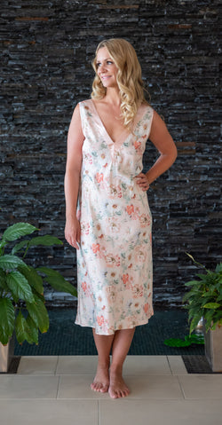 LONG PRINT SATIN NIGHTY - APRICOT
