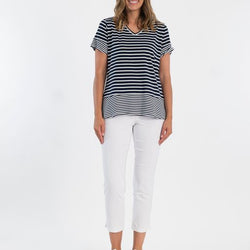 V NECK STRIPE TOP  - NAVY STRIPE