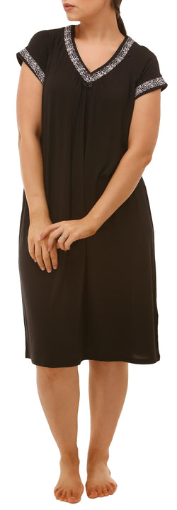 BLACK NIGHTIE WITH LEOPARD PRINT LACE TRIM - BLACK