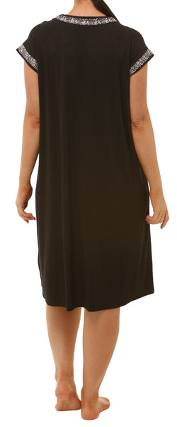 BLACK NIGHTIE WITH LEOPARD PRINT LACE TRIM - BLACK