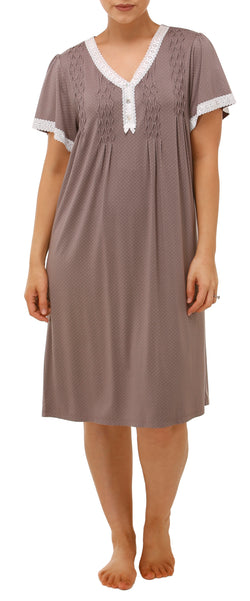 DOT PRINT S/SLV NIGHTIE WITH LACE TRIM - LATTE