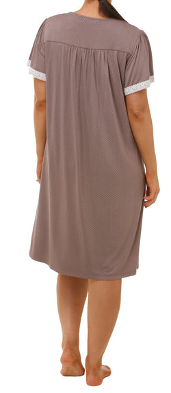 DOT PRINT S/SLV NIGHTIE WITH LACE TRIM - LATTE