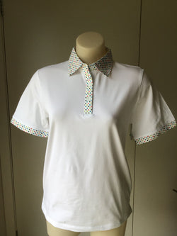 SH/SLV POLO TOP WITH SPOT PRINT COLLAR - WHITE