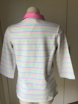 3/4 SLV STRIPE POLO TOP - PINK