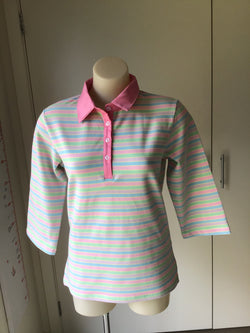 3/4 SLV STRIPE POLO TOP - PINK